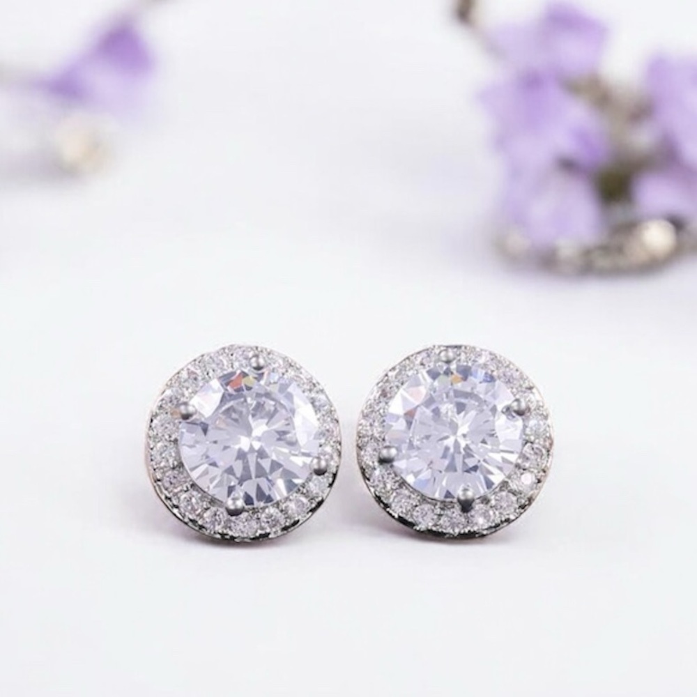 Round Crystal Halo CZ Faux Diamond Silver Earrings Affordable Luxury Earrings - Picture 3 of 11